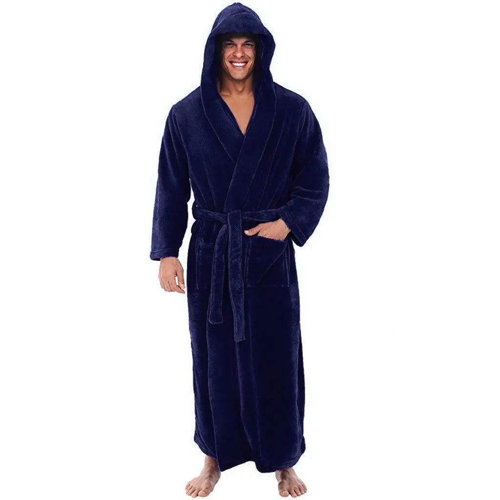 CozyNest Plüsch-Bademantel mit Kapuze für Herren, warmer Fleece-Bademantel mit langen Ärmeln