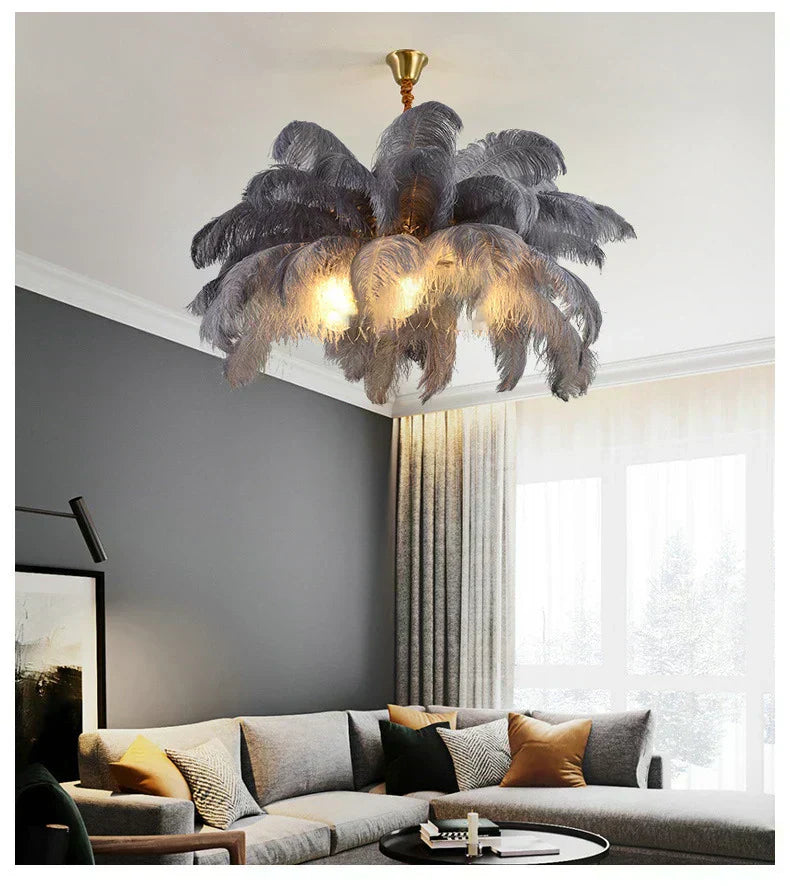 AstraFeather Ostrich Feather Pendant Light, White, Black, Grey & Purple