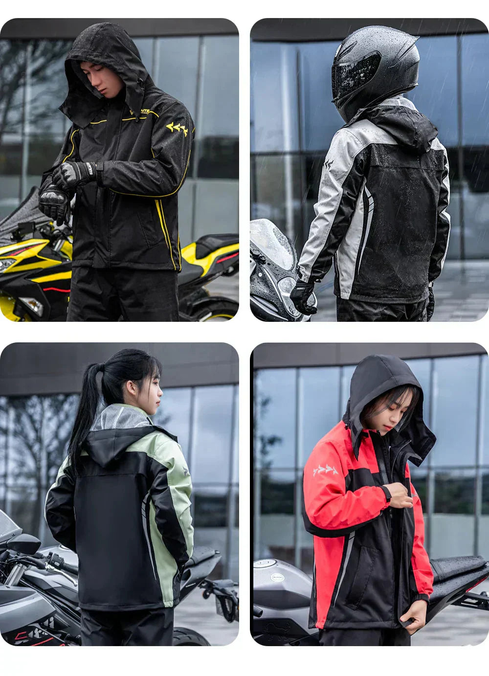Regenpak voor motor met waterdichte polyester buitenlaag en reflecterende afwerking