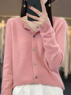 Merino Wool Knit Cardigan for Women with Soft O-Neck Collar