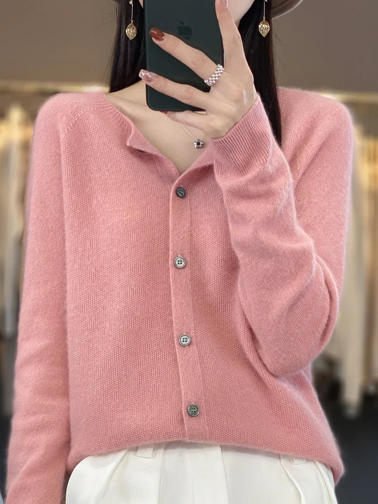 Merino Wool Knit Cardigan for Women with Soft O-Neck Collar