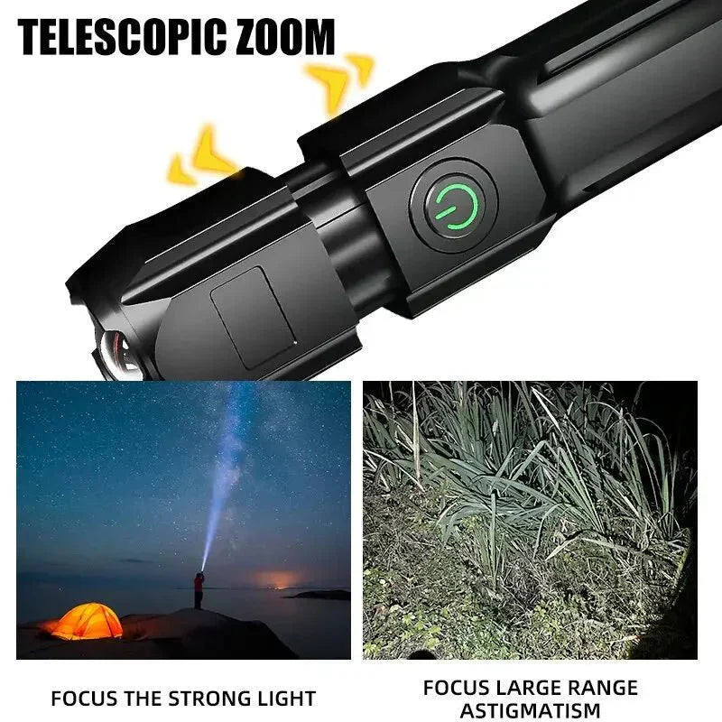 Výkonná LED svítilna se světelným tokem 100000 lumenů, nabíjením přes USB a vodotěsným provedením s funkcí zoom - Fioriscas