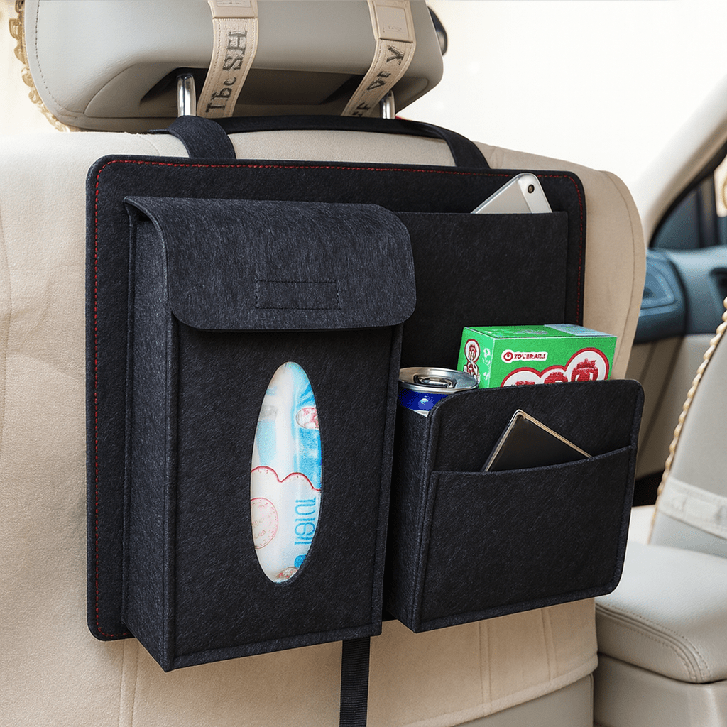 Universally fitting car seat organizer with 4 storage pockets - Fioriscas