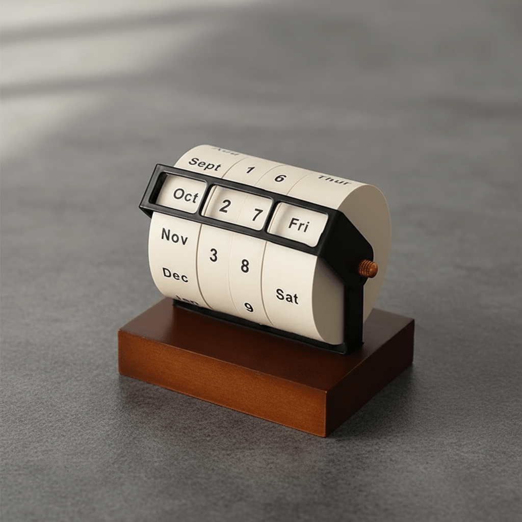 Mid-Century wooden rotary calendar for tasteful desk design - Fioriscas