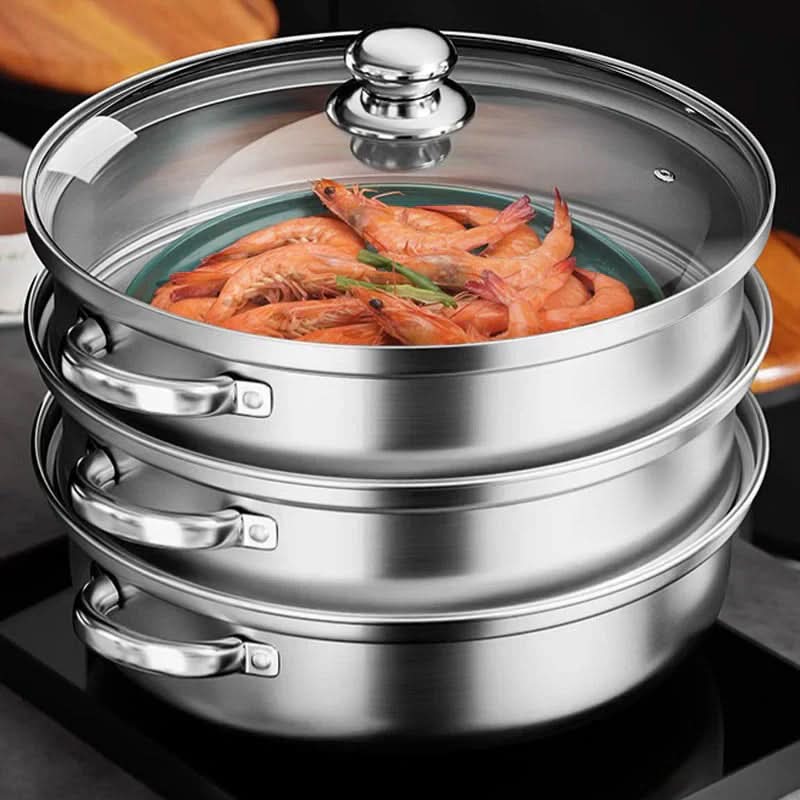 3-tier stainless steel steamer with glass lid - Fioriscas
