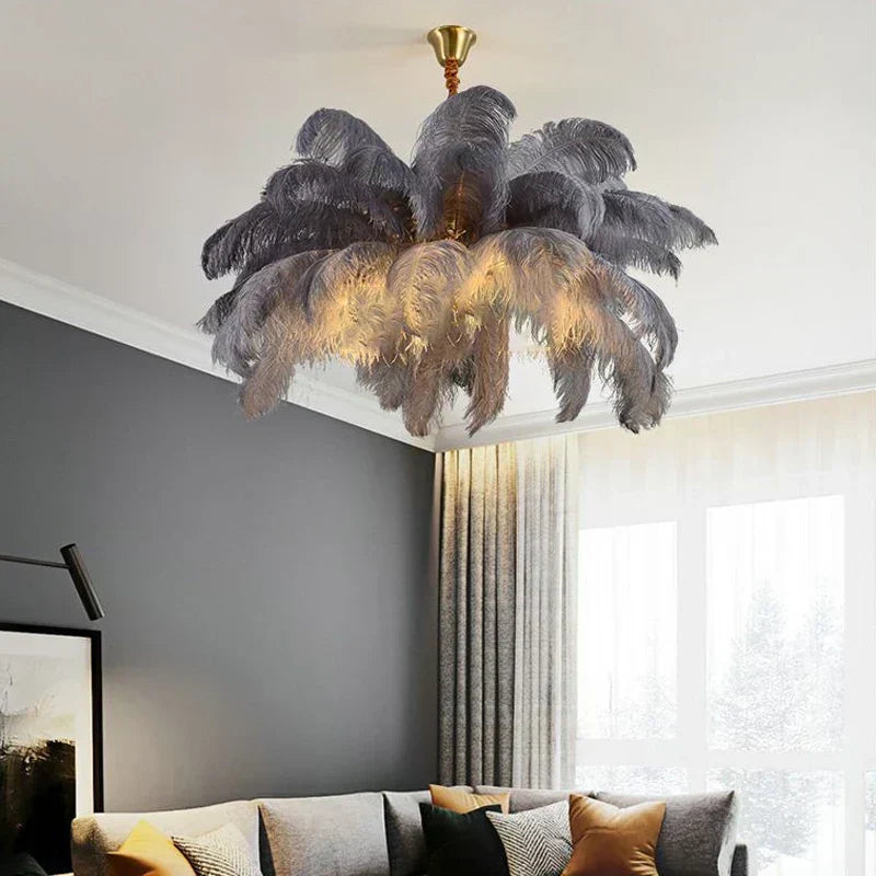 AstraFeather Ostrich Feather Pendant Light, White, Black, Grey & Purple