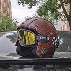 Otevřená motocyklová helma s retro povrchem z PU kůže, certifikace DOT