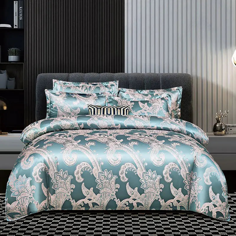 Set copripiumino in raso jacquard blu e oro Aurelume, da matrimoniale a king size super extra large