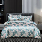 Set copripiumino in raso jacquard blu e oro Aurelume, da matrimoniale a king size super extra large