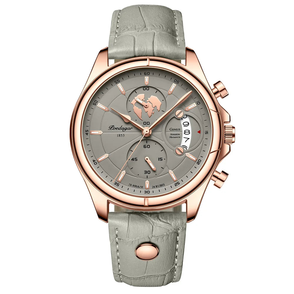 Hodinky Aurello s chronografem a třemi ciferníky, kožený řemínek, vodotěsné do 3 ATM