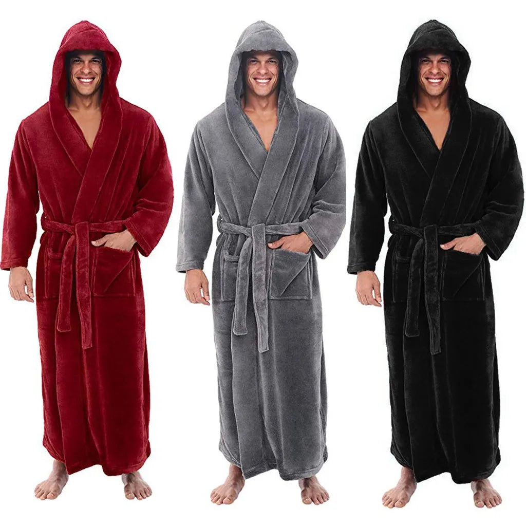 CozyNest Plüsch-Bademantel mit Kapuze für Herren, warmer Fleece-Bademantel mit langen Ärmeln