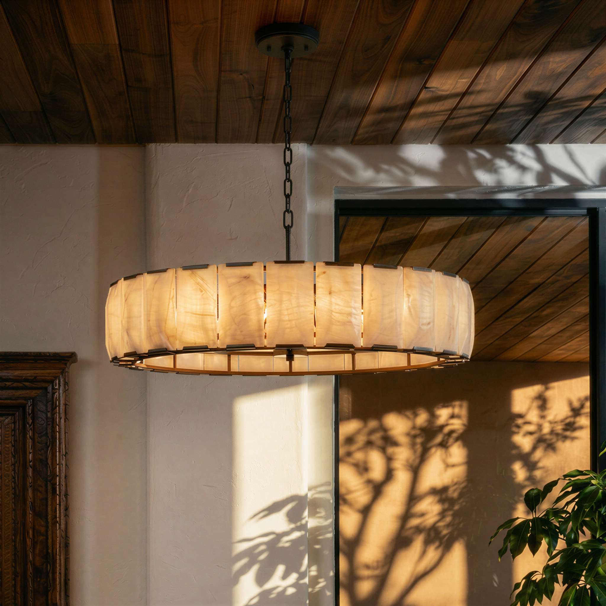 Kruhový lustr LumaCircle z alabastru s teplým ambientním světlem
