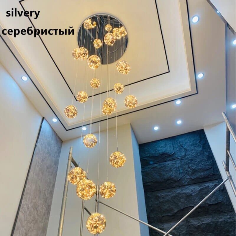 Glass Orb Staircase Chandelier, Brushed Stainless Frame, Cascading LED Design