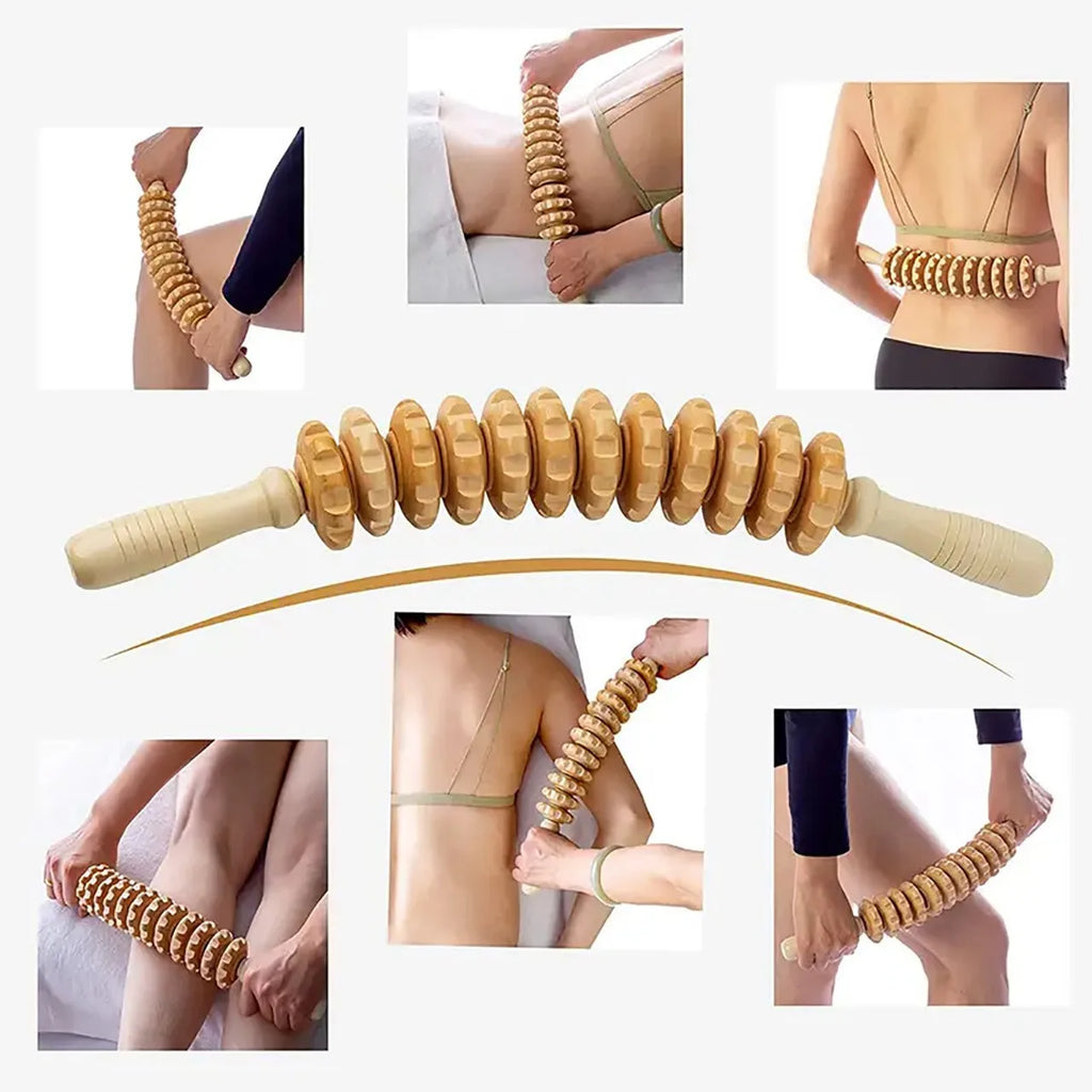 Wood Massage Tool With Nine Rollers That Rotate, Non-Slip Grip