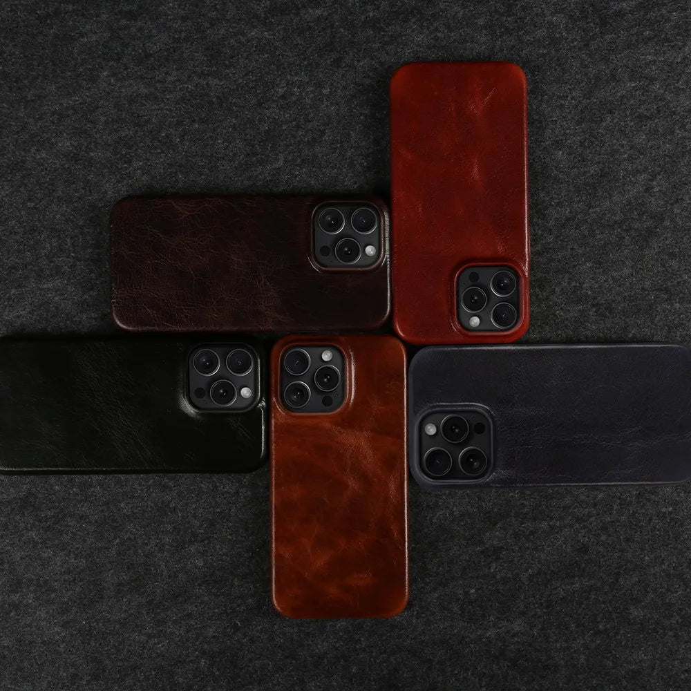 Ægte koskindslæder iPhone-etui, håndlavet, 5 farver