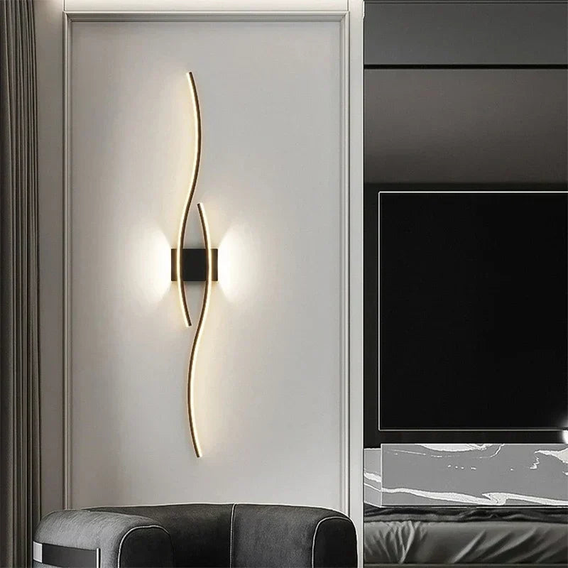 LED Wall Sconce with Double-Curve Design, Remote Control, Black & Gold