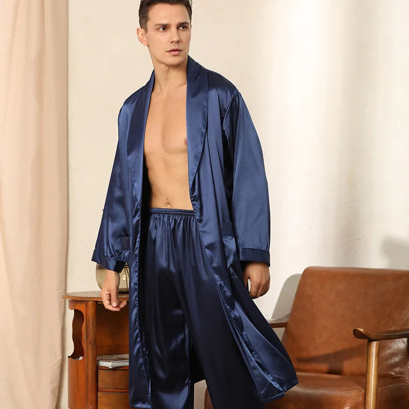 Peignoir homme en satin avec taille élastique et col à revers