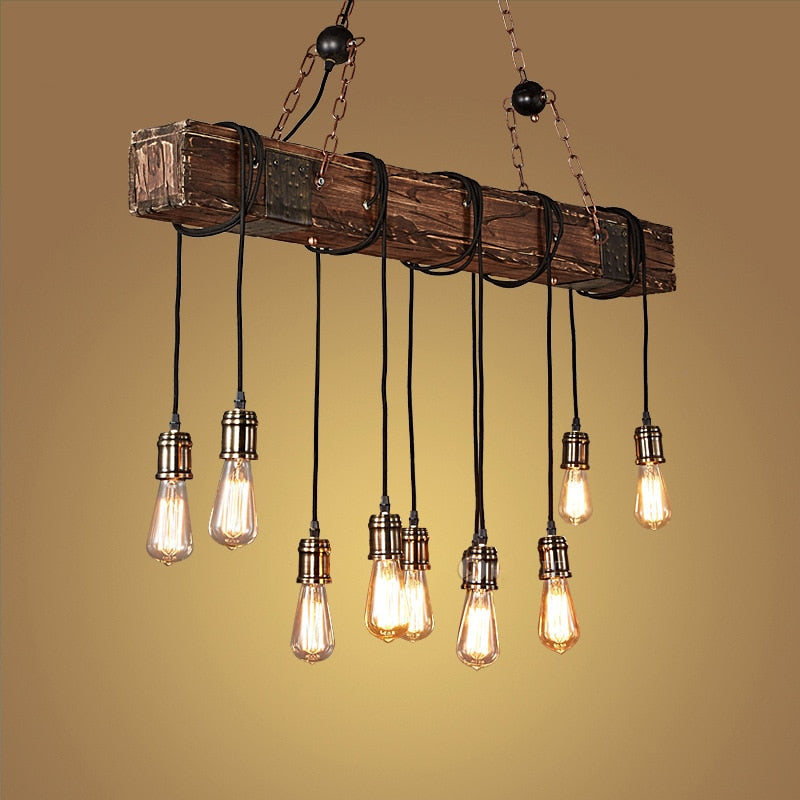 Průmyslové závěsné stropní světlo z dřeva a železa, kompatibilní s LED žárovkami E27