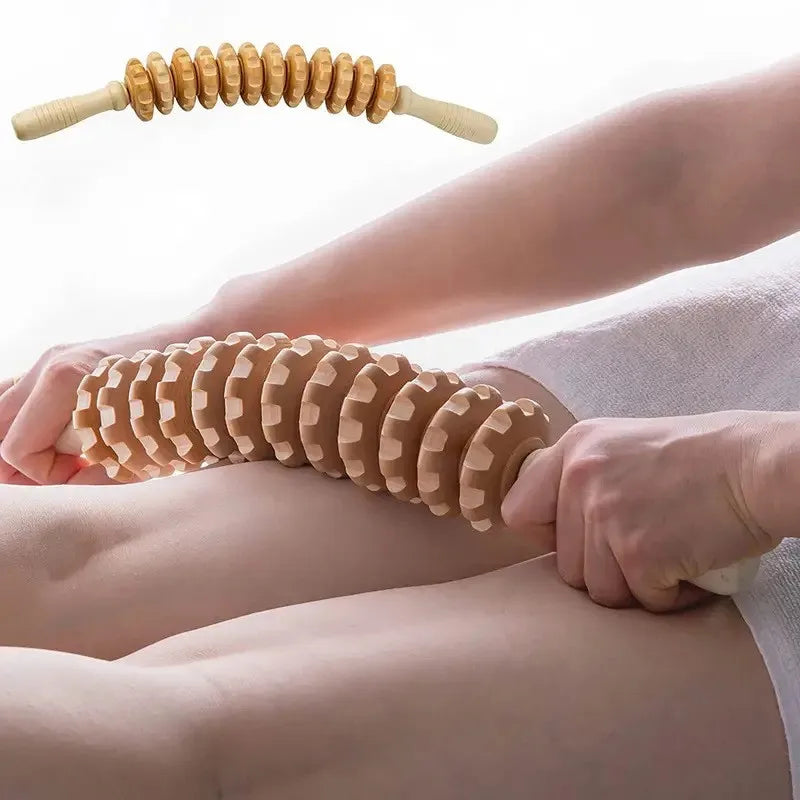 Wood Massage Tool With Nine Rollers That Rotate, Non-Slip Grip
