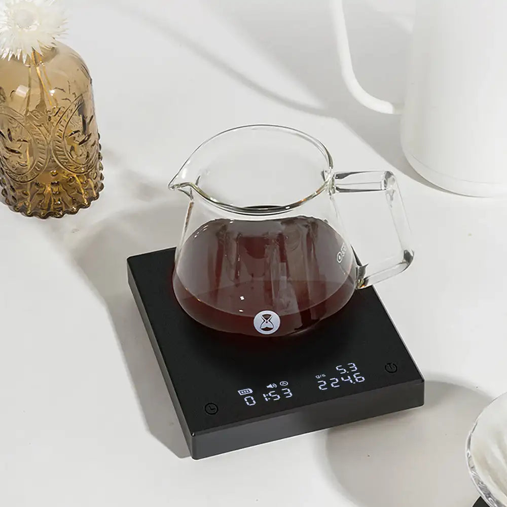 Balança digital para café com temporizador automático, indicação da velocidade do fluxo, tara e precisão de 0.1g | Fioriscas