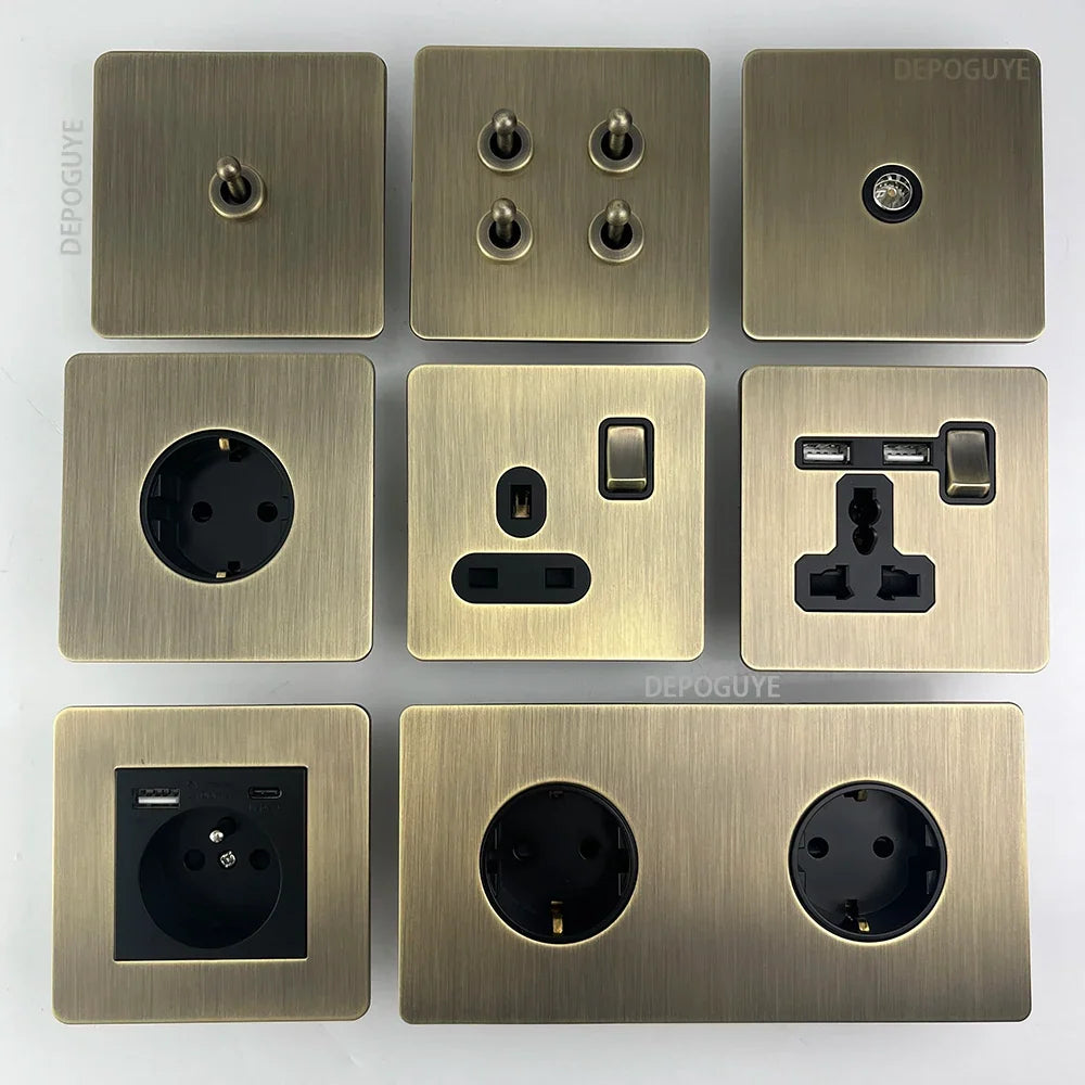 Tomada de parede metálica em bronze antigo, com porta de carregamento USB | Fioriscas
