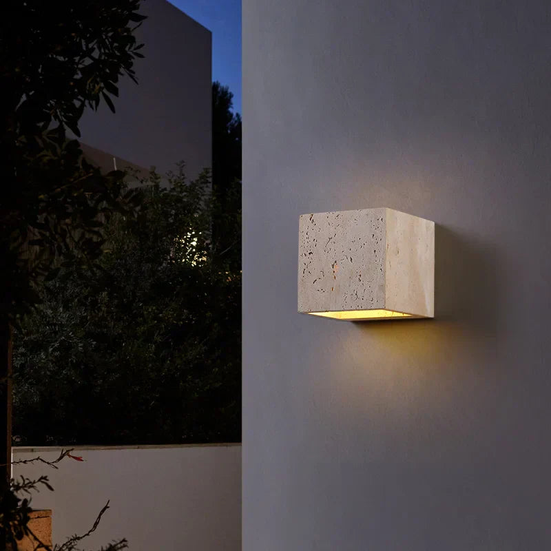 Travertine Wall Sconce With Perforated LED Light, LumaStone