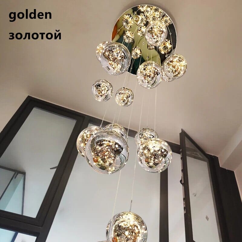 Glass Orb Staircase Chandelier, Brushed Stainless Frame, Cascading LED Design