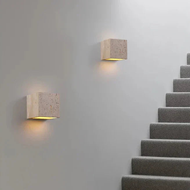 Travertine Wall Sconce With Perforated LED Light, LumaStone