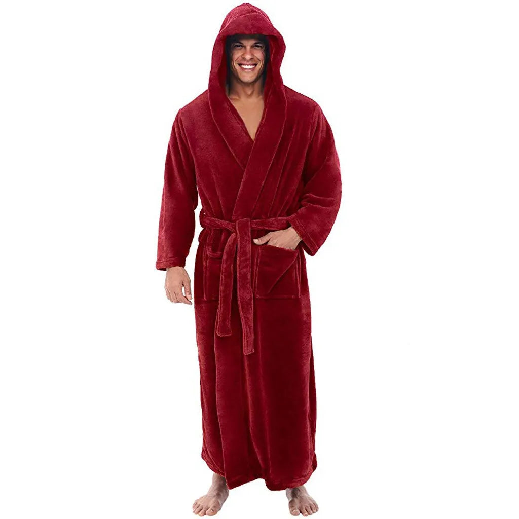 CozyNest Plüsch-Bademantel mit Kapuze für Herren, warmer Fleece-Bademantel mit langen Ärmeln