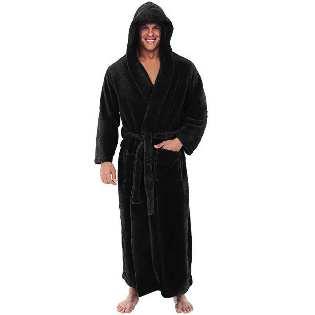 CozyNest Plüsch-Bademantel mit Kapuze für Herren, warmer Fleece-Bademantel mit langen Ärmeln