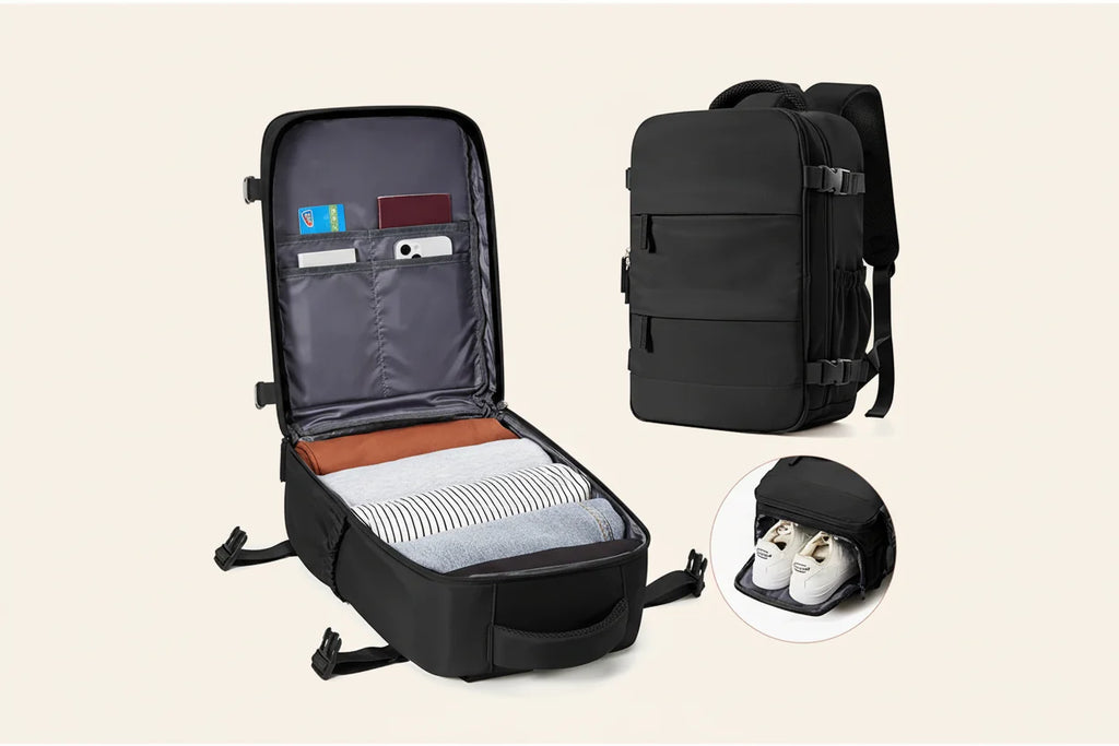 Mochila de viagem de tamanho médio, com compartimento para portátil e bolso para sapatos | Fioriscas