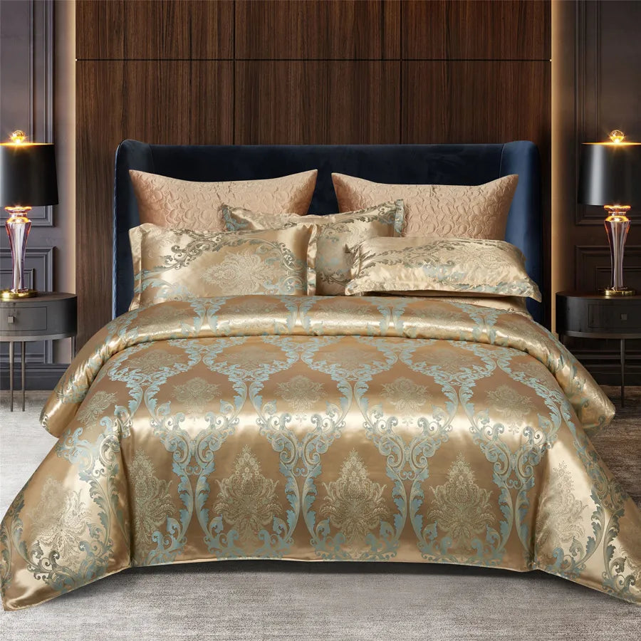 Set copripiumino in raso jacquard blu e oro Aurelume, da matrimoniale a king size super extra large