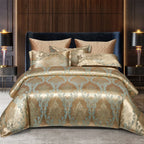 Set copripiumino in raso jacquard blu e oro Aurelume, da matrimoniale a king size super extra large