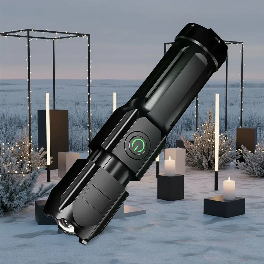 Výkonná LED svítilna se světelným tokem 100000 lumenů, nabíjením přes USB a vodotěsným provedením s funkcí zoom - Fioriscas