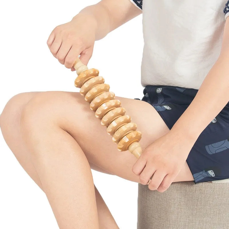 Wood Massage Tool With Nine Rollers That Rotate, Non-Slip Grip