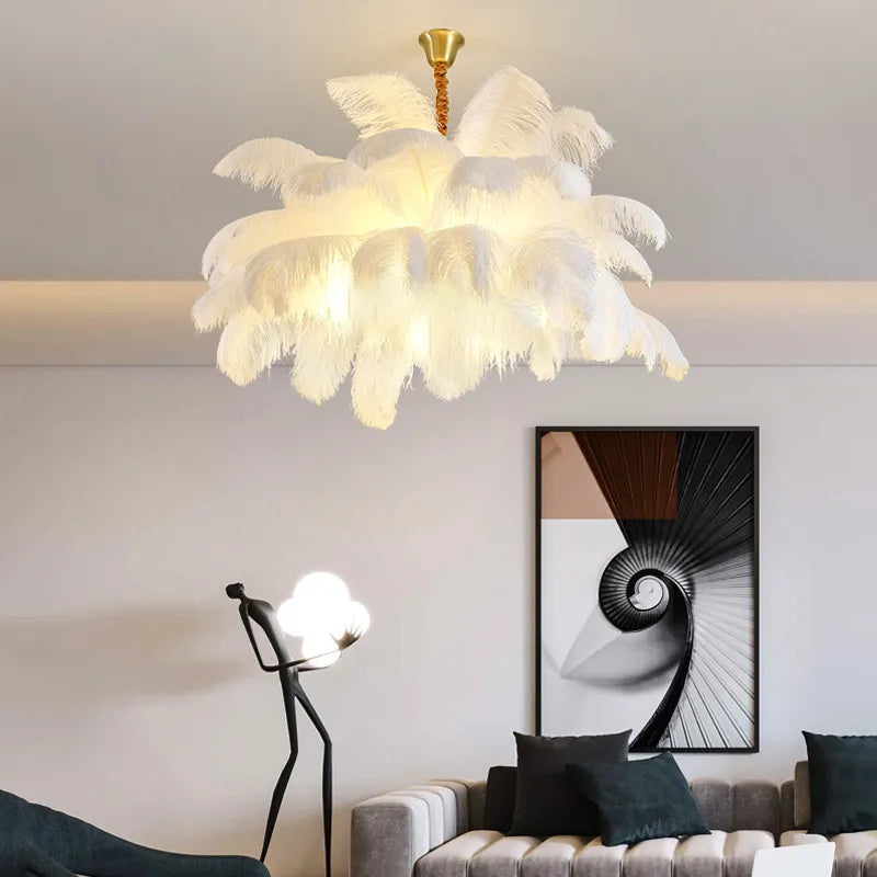 AstraFeather Ostrich Feather Pendant Light, White, Black, Grey & Purple