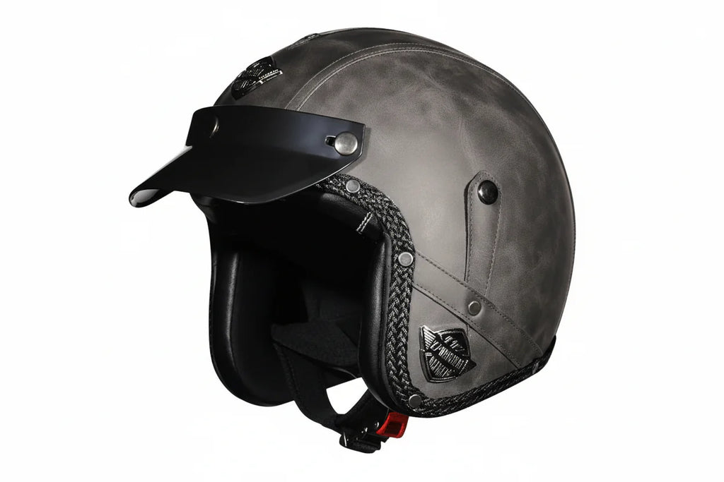 Otevřená motocyklová helma s retro povrchem z PU kůže, certifikace DOT