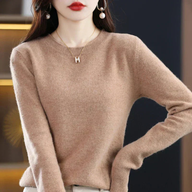 Pulover pentru femei Luminara din lână merino, tricotat confortabil cu guler rotund pentru toamnă