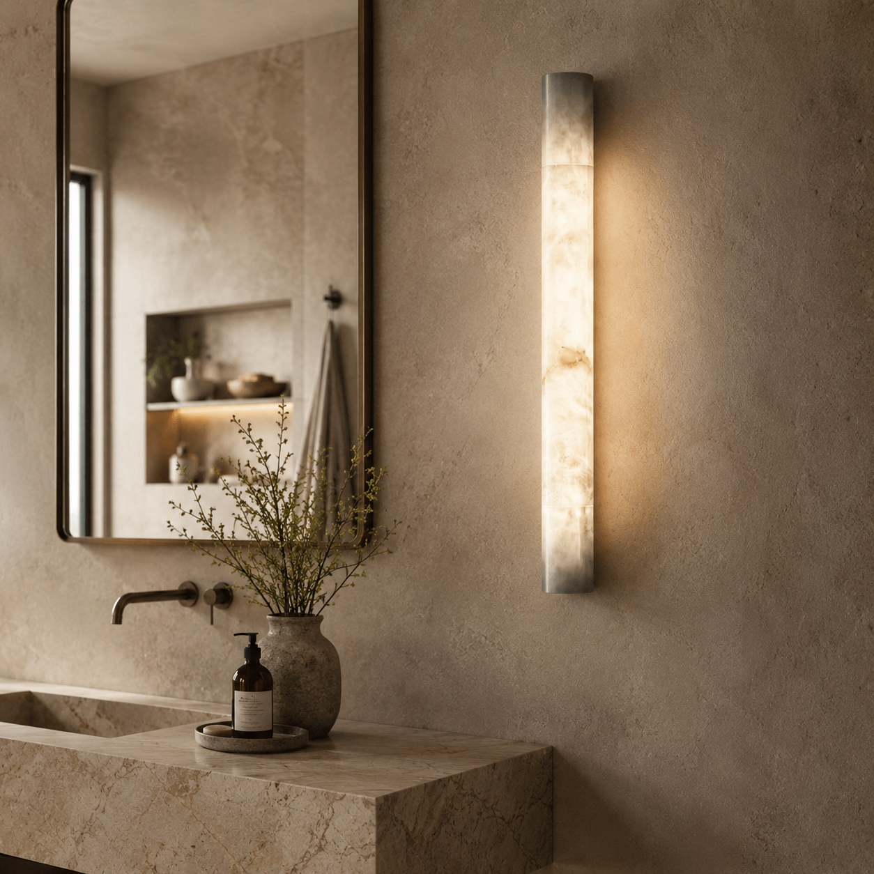 LumaCrest Alabaster Wall Sconce With Modern Metal Frame And Soft Glow