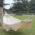 200x150cm Double Outdoor Camping Fringe Canvas Hammock with Pole (White)