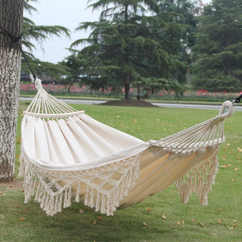 200x150cm Double Outdoor Camping Fringe Canvas Hammock with Pole (White)