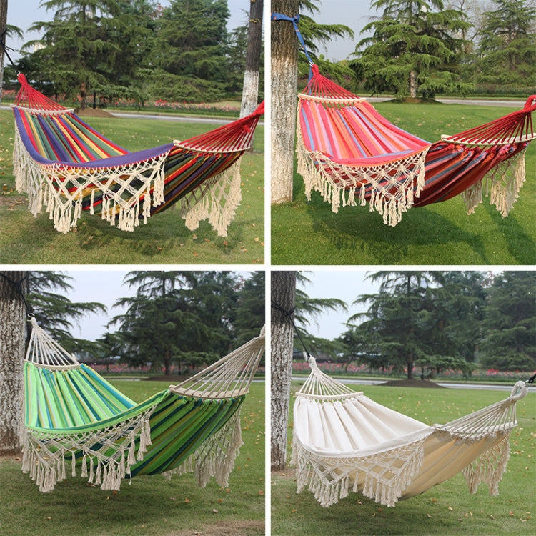 200x150cm Double Outdoor Camping Fringe Canvas Hammock with Pole (White)