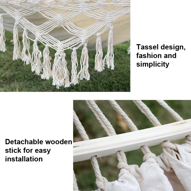 200x150cm Double Outdoor Camping Fringe Canvas Hammock with Pole (White)
