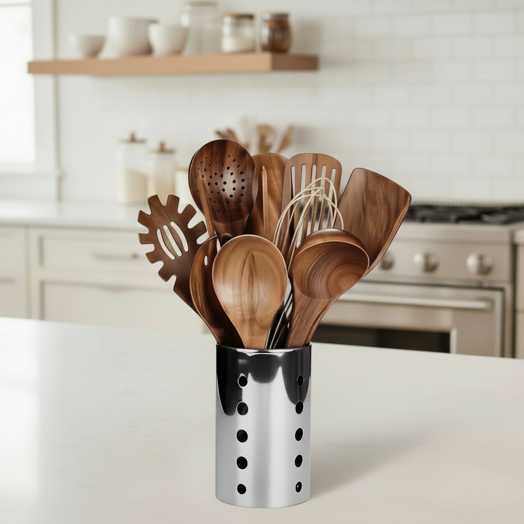 11-piece Teak Wood Utensil Set for Sustainable Cooking - Fioriscas