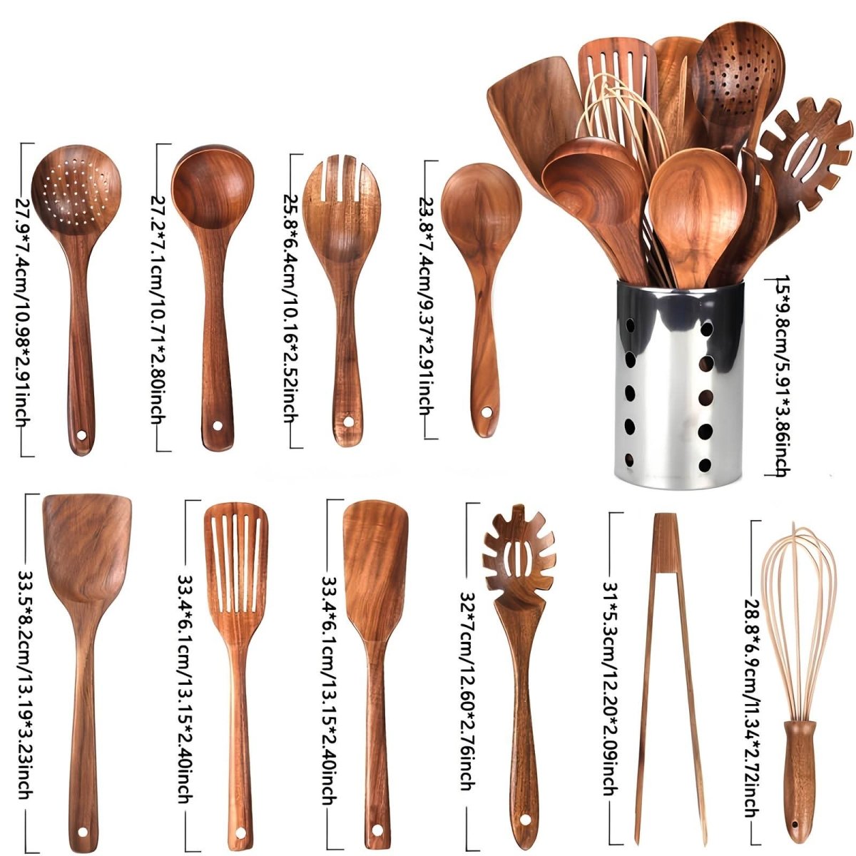 11-piece Teak Wood Utensil Set for Sustainable Cooking - Fioriscas