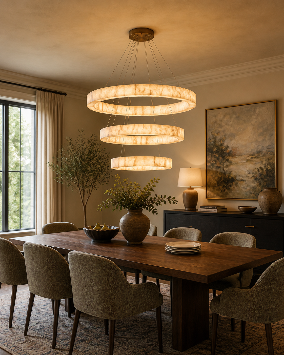 LuminaCalcite Halo Alabaster Chandelier With Steel Cable Framework