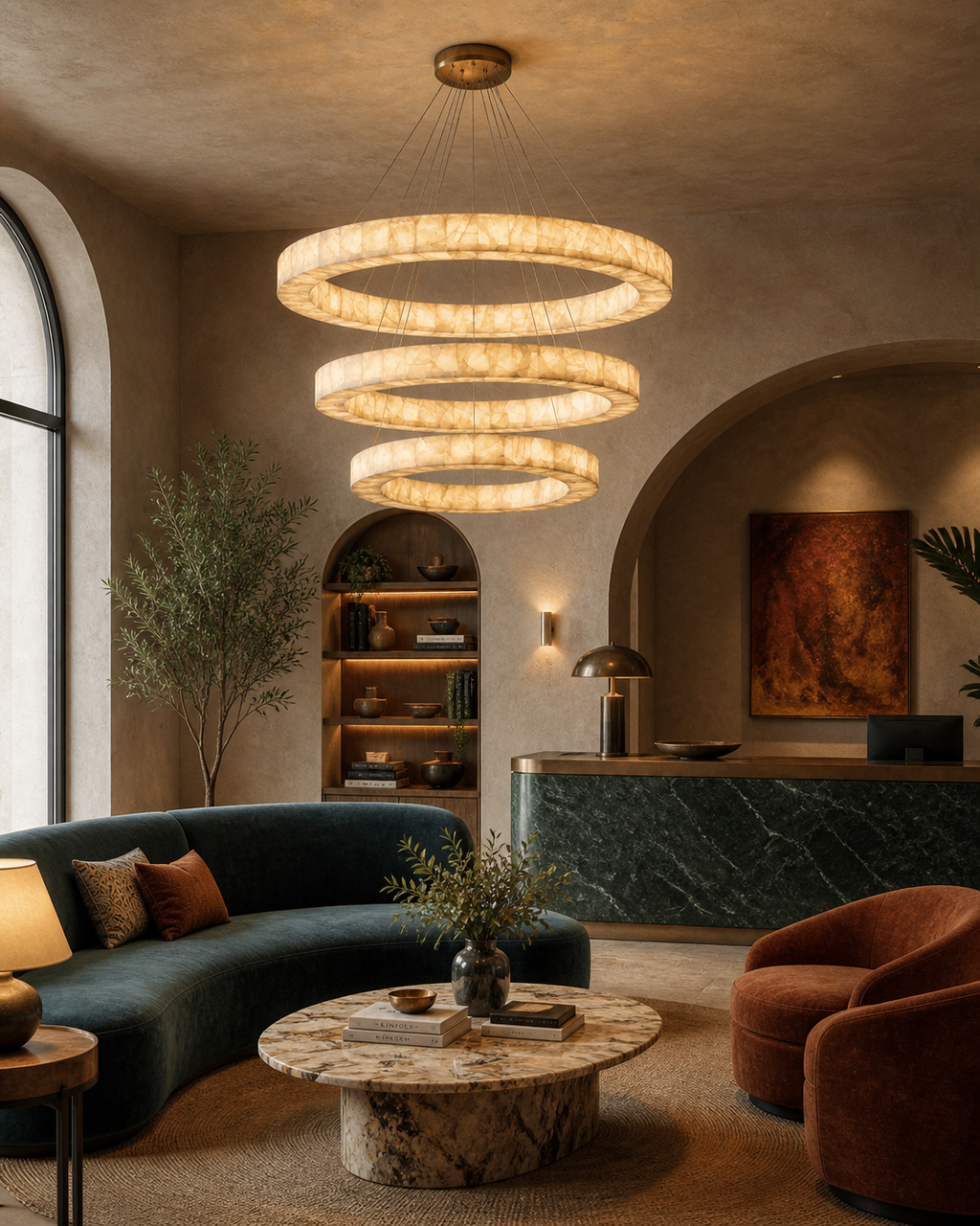LuminaCalcite Halo Alabaster Chandelier With Steel Cable Framework