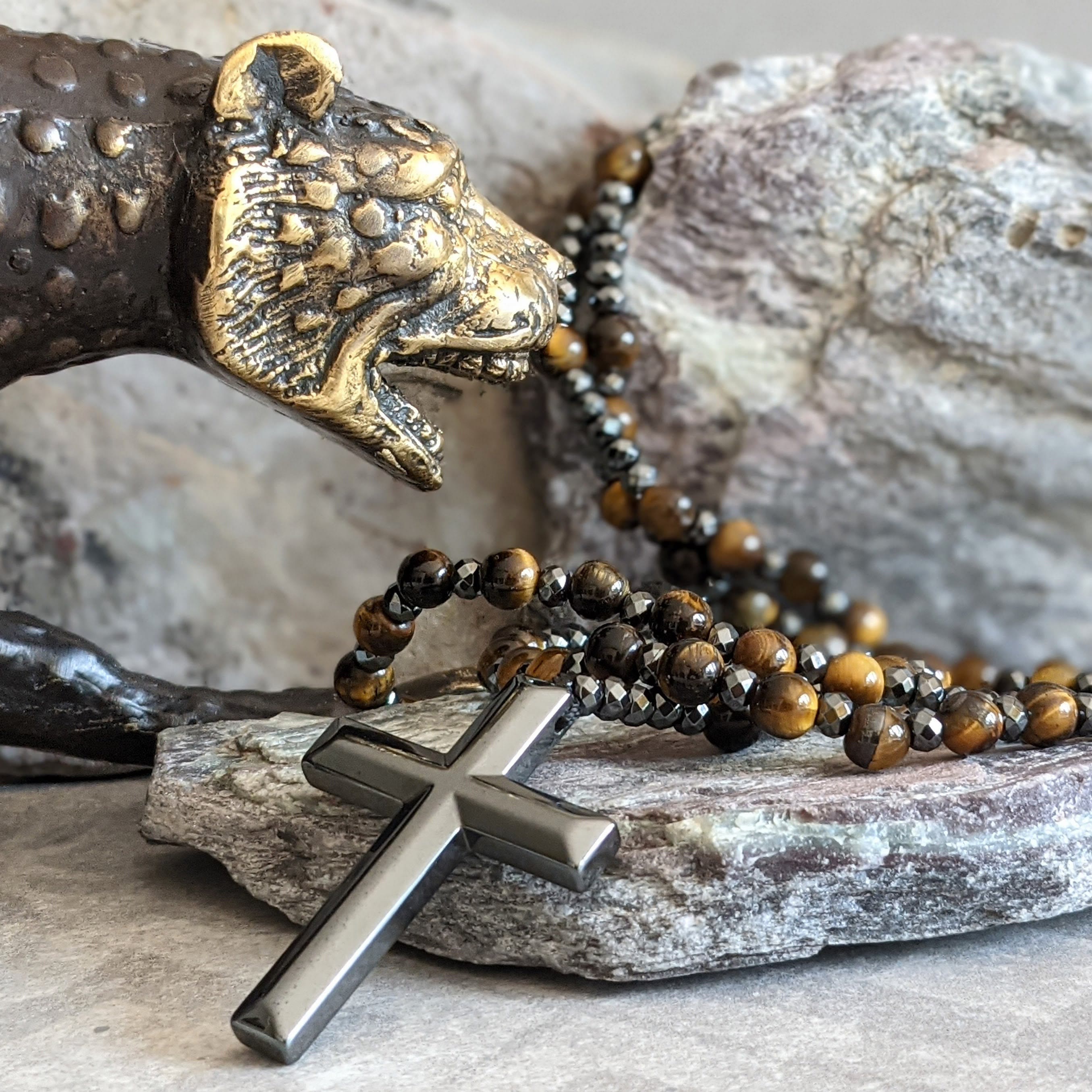 Pánský růženec na krk Orion s křížem, tygří oko nebo lapis lazuli