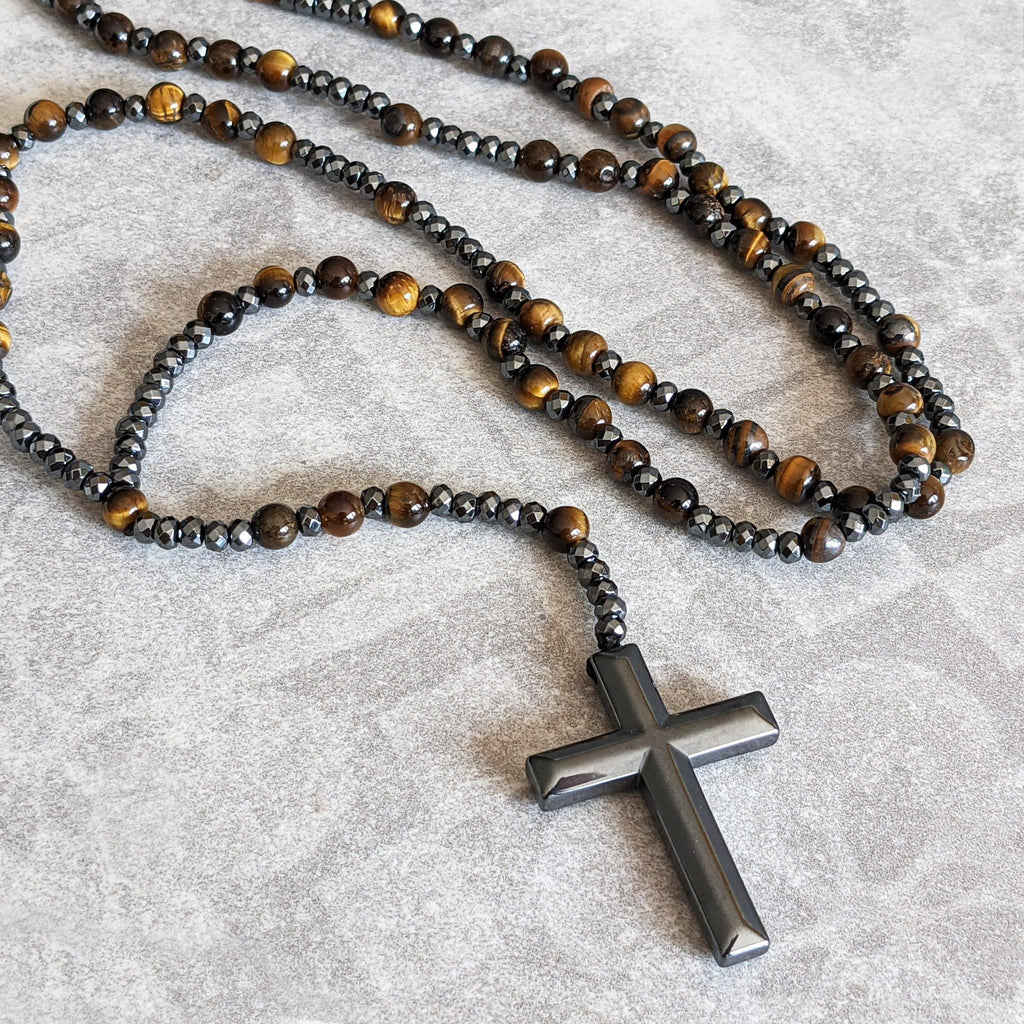 Pánský růženec na krk Orion s křížem, tygří oko nebo lapis lazuli