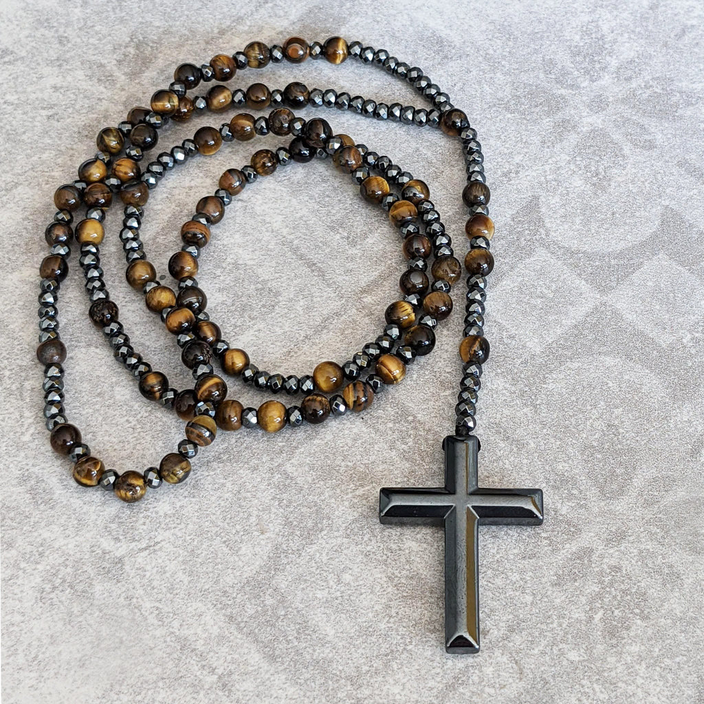 Pánský růženec na krk Orion s křížem, tygří oko nebo lapis lazuli